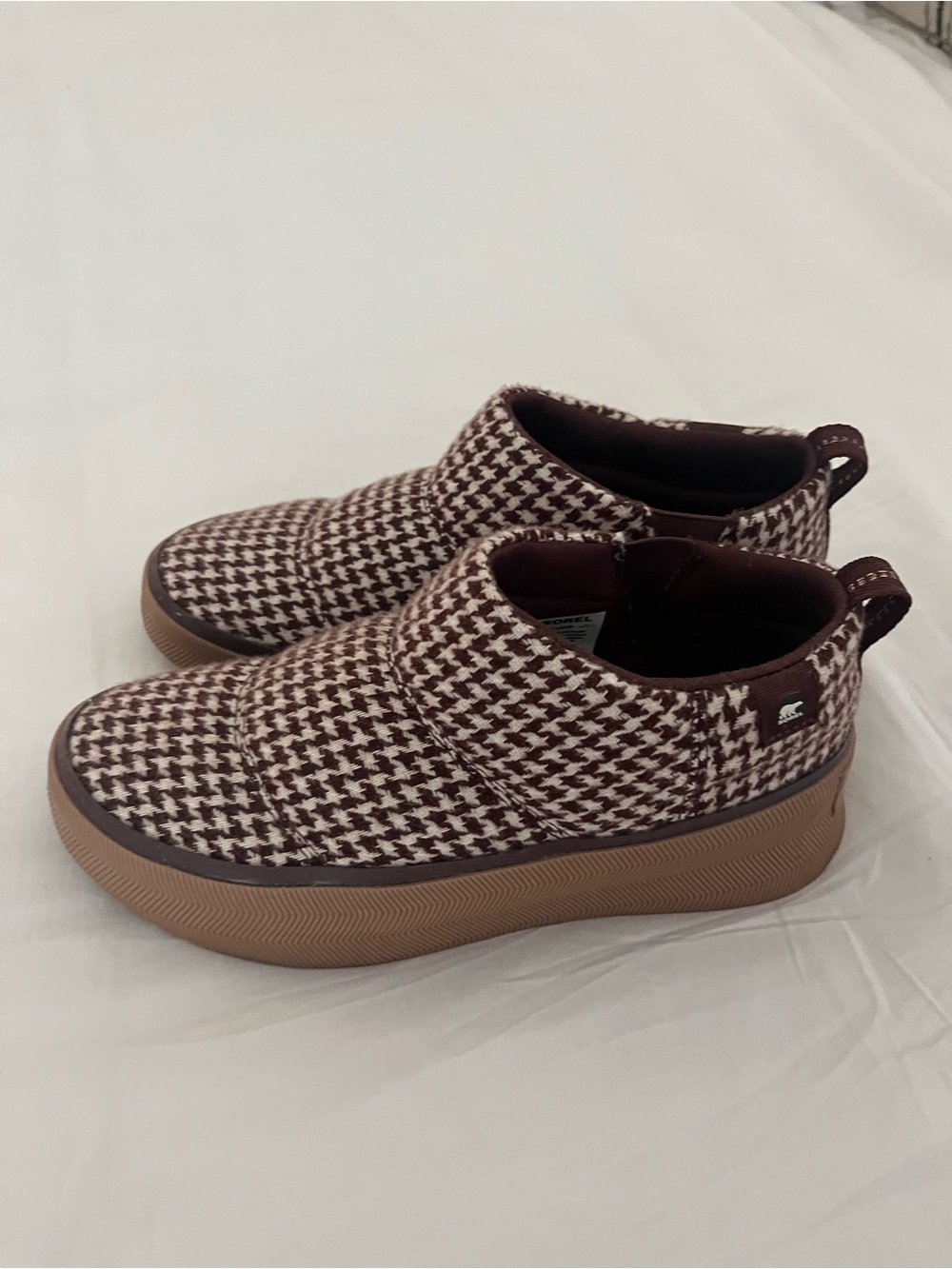 Sorel Women's Houndstooth Slip-On Ankle Booties in Burgundy and Cream